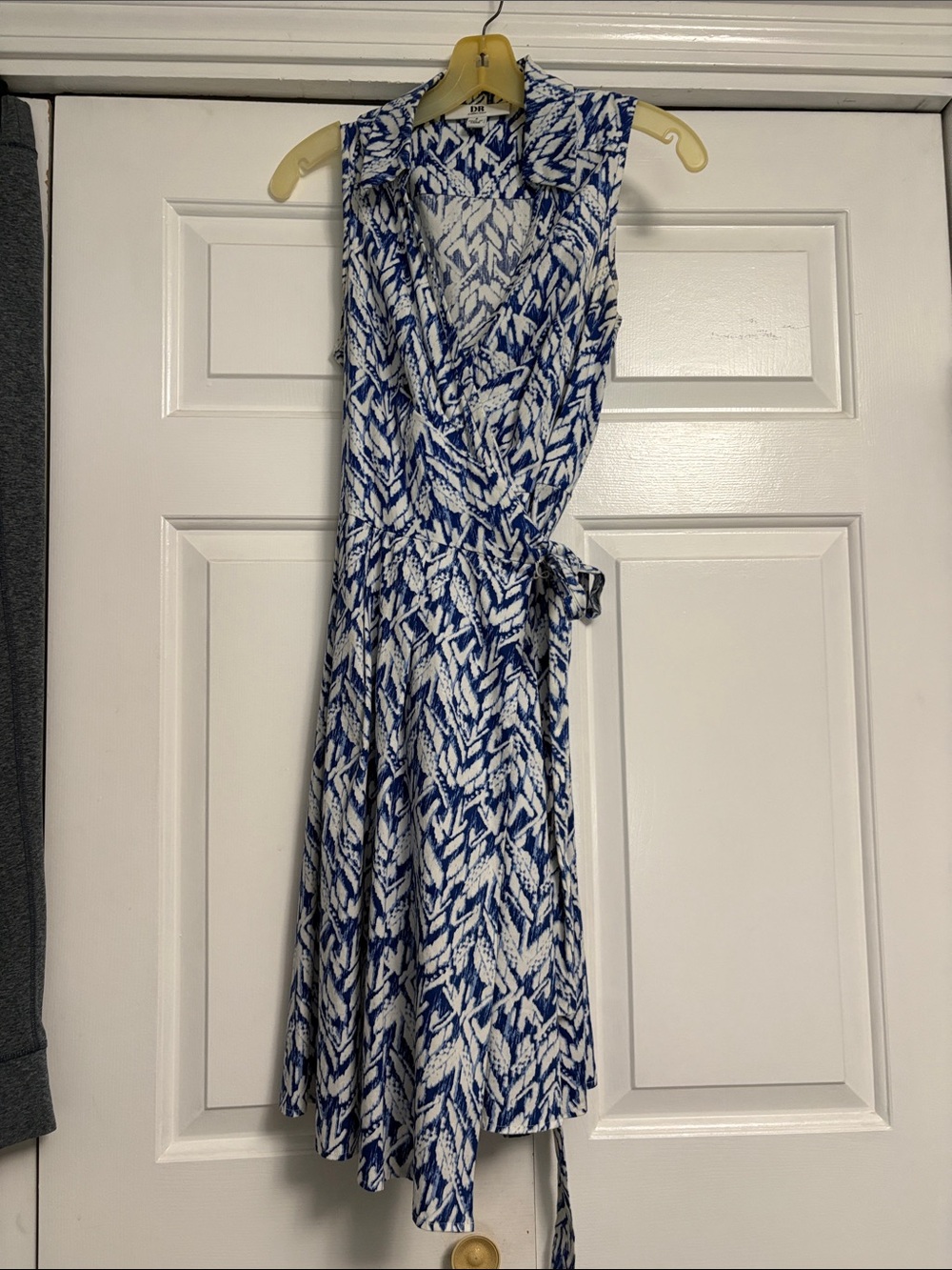 Sleeveless Blue & White Wrap Midi Dress with Tie Waist